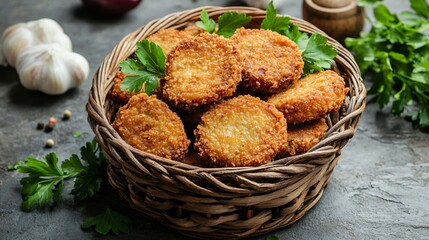 Crispy French fried eggplant served in a woven basket, placed on a rustic kitchen counter with garlic cloves and parsley sprigs