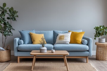 Modern Scandinavian living room light blue sofa
