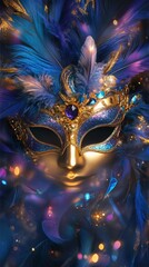 Elegant masquerade mask adorned with feathers and jewels in vivid blue tones