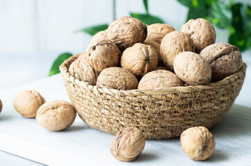 Ripe and raw whole big walnut kernel with Shell in wicker basket on rustic backdrop. healthy nut food for brain