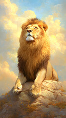 Obraz premium Majestic lion prowling on rocky outcrop savanna landscape wildlife photography serene environment close-up perspective