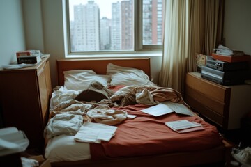 A cluttered bedroom scene depicts unmade bed, scattered papers, and city view, capturing the essence of a busy, urban lifestyle.