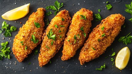 Golden French fried eggplant slices isolated on a neutral grey background, garnished with sprigs of parsley and lemon wedges