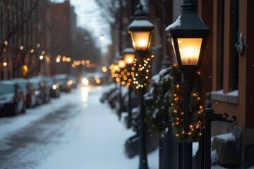 Snow-covered street hosts glowing lanterns and soft bokeh, inviting a magical winter evening stroll...