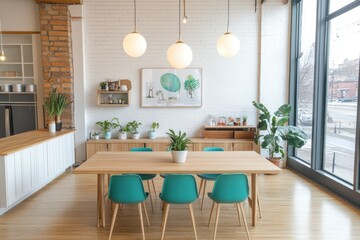 Scandinavian dining room light wood table teal chairs white brick walls large windows hanging