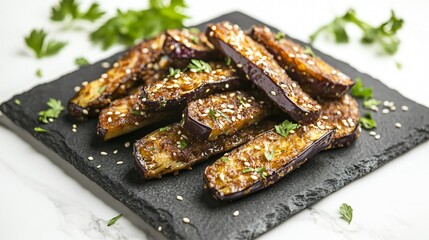 Overhead shot of French fried eggplant on a textured slate plate, isolated on a clean white background with garnishes