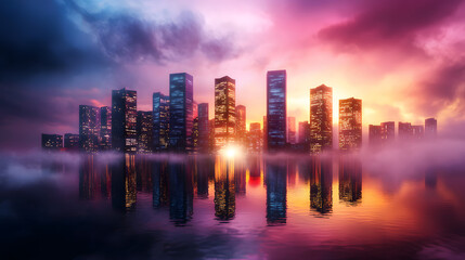 Fototapeta premium Stunning sunset reflection over urban skyline cityscape photography twilight atmosphere aesthetic viewpoint visual serenity