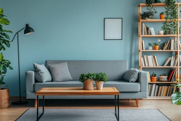 Scandinavian living room light blue wall gray couch wooden coffee table floor lamp