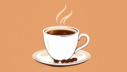 Obraz premium A steaming cup of coffee on a saucer with coffee beans.