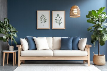 Scandinavian living room modern wooden sofa blue accent wall