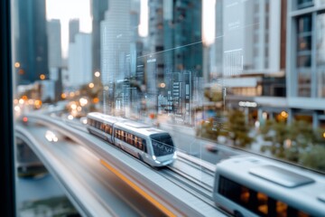 Fototapeta premium A modern tram swiftly travels through a bustling cityscape, digital overlays highlighting the integration of technology and movement.