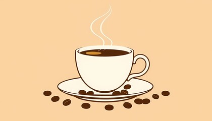 Obraz premium A steaming cup of coffee on a saucer with coffee beans.