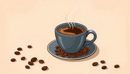 Obraz premium Steaming cup of coffee and coffee beans. Vintage style illustration.