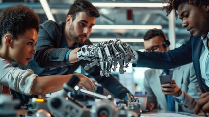 Group of diverse business people working together in the office, Brainstorming about the hand robot model to be used for production work
