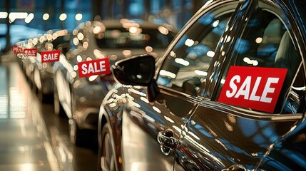Car dealership showcasing sale prices on luxury vehicles during evening hours