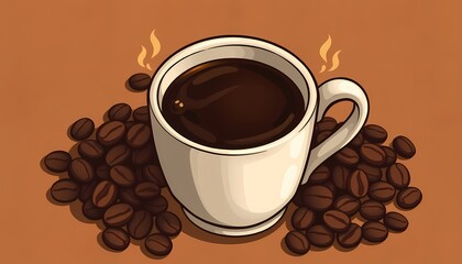 Obraz premium A steaming cup of coffee surrounded by roasted beans.