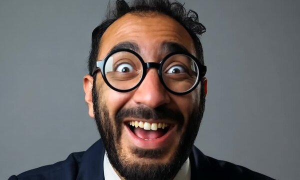 Gros plan sur homme barbu avec lunettes rondes et expression de joie intense sur fond gris, portrait masculin souriant, visage enthousiaste, &eacute;motion positive, surprise et r&eacute;action expressive