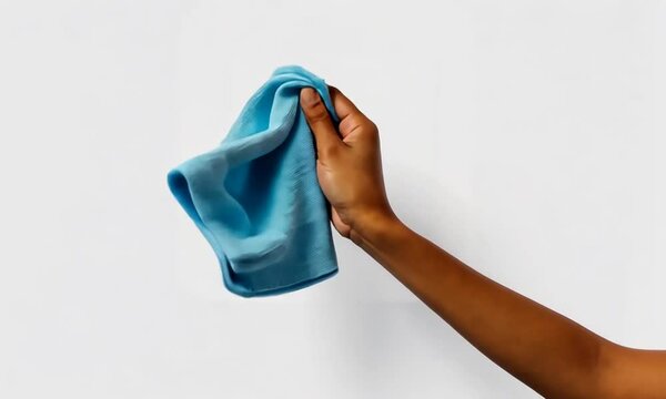 Main tenant un chiffon bleu contre un mur blanc avec espace n&eacute;gatif copyspace, geste de nettoyage en gros plan, entretien m&eacute;nager, surface propre, hygi&egrave;ne domestique et m&eacute;nage quotidien