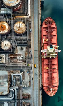 Vue a&eacute;rienne d&rsquo;un navire-citerne rouge amarr&eacute; &agrave; un terminal industriel avec cuves, tuyauterie, quai portuaire, logistique maritime, transport p&eacute;trolier et infrastructure portuaire