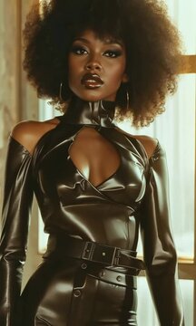 Femme souriante avec chevelure afro volumineuse portant une combinaison en latex noir, portrait glamour en int&eacute;rieur, mode audacieuse, beaut&eacute; f&eacute;minine, confiance, &eacute;l&eacute;gance et allure sophistiqu&eacute;e