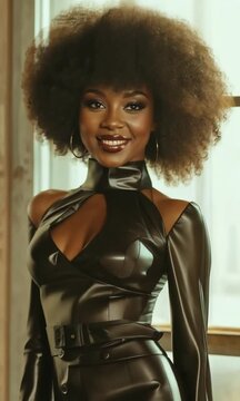 Femme souriante avec chevelure afro volumineuse portant une combinaison en latex noir, portrait glamour en int&eacute;rieur, mode audacieuse, beaut&eacute; f&eacute;minine, confiance, &eacute;l&eacute;gance et allure sophistiqu&eacute;e
