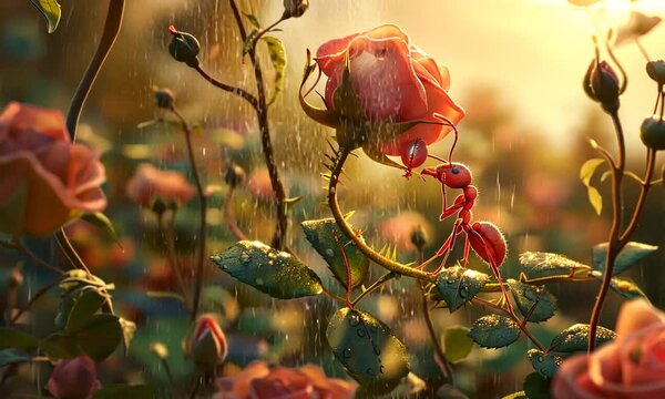 Fourmi sur un rosier avec rose rouge, bouton floral et gouttes d&rsquo;eau dans une lumi&egrave;re dor&eacute;e, gros plan botanique sur plante de jardin, protection botanique naturelle, &eacute;quilibre du rosier biodiversit&eacute;