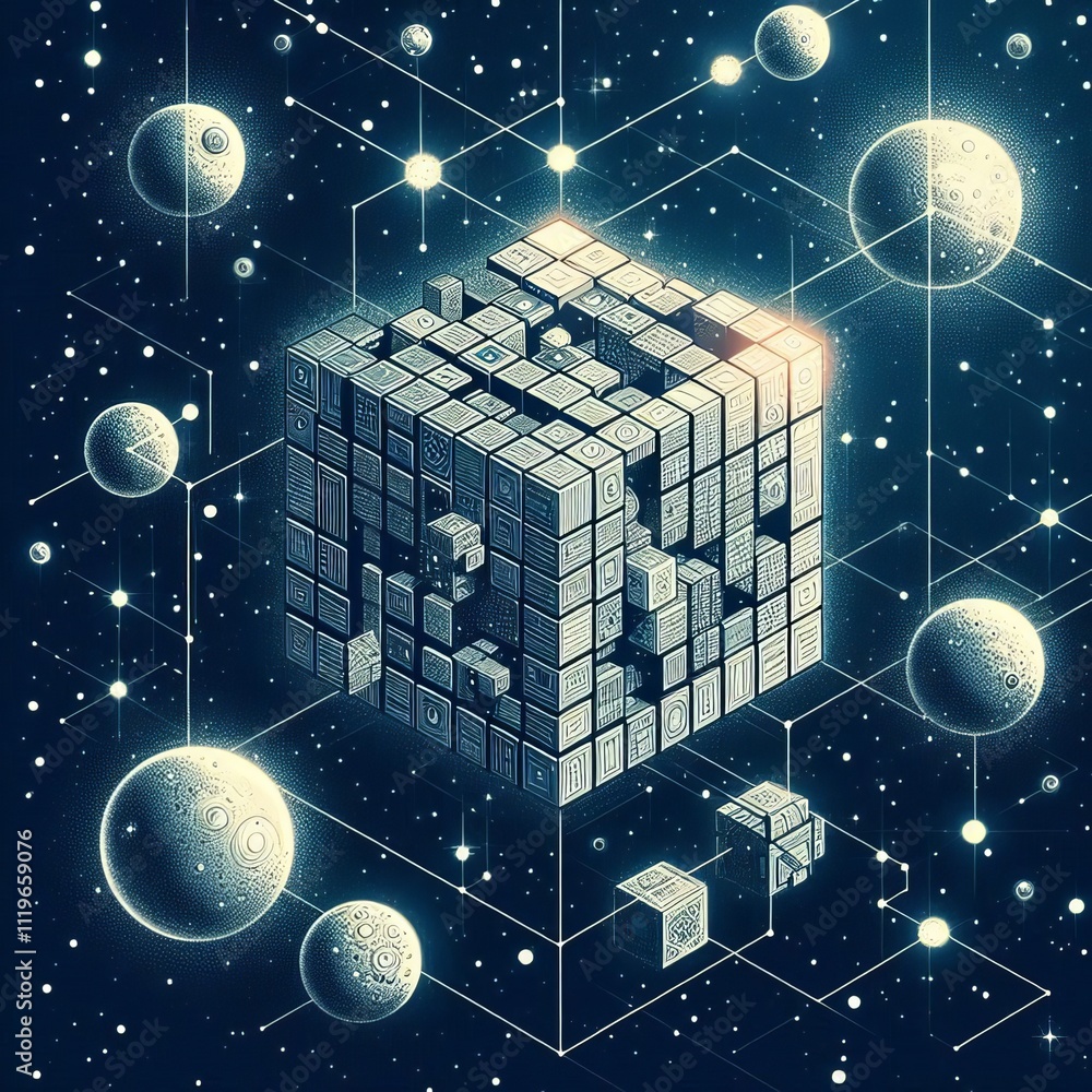 Poster cubic planets planets shaped like cubes floating in a symmetrica