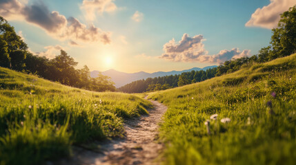Obraz premium Tranquil mountain trail at sunrise a scenic nature photography
