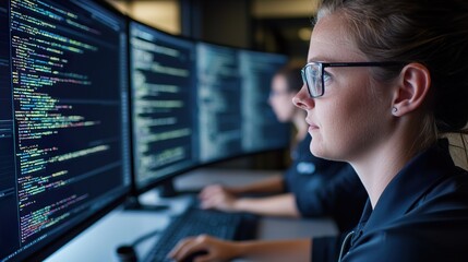 Fototapeta premium Multiethnic developer digital team workplace concept. Collaborative Tech Team Engaged in Coding Tasks