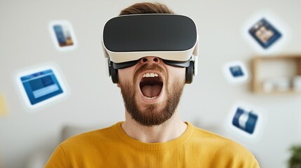 Man in Casual Home Setting with Virtual Reality Headset, Online sales virtual reality shopping experience concept.