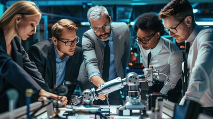 Group of diverse business people working together in the office, Brainstorming about the hand robot model to be used for production work