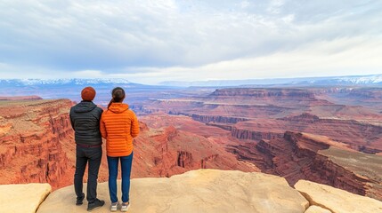 Fototapeta premium Admiring the Vast Scenic Landscape, Road trip couple adventure travel and memories concept.