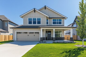 Two story suburban house light beige siding gray roof craftsman style covered porch