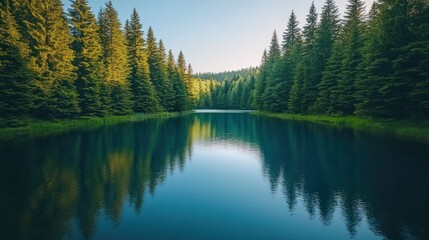 Obraz premium Serene lake mirroring lush evergreen forest.