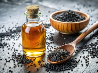 Urban Exploration Photography: Sesame Oil, Glass Bottle, Black Sesame Seeds, Wooden Scoop, White Background