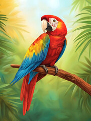 Colorful scarlet macaw perched on branch in lush rainforest vibrant nature scene close-up view for wildlife enthusiasts