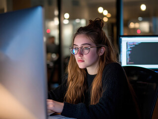 Young female programmer focused on coding at a computer late at night in the office