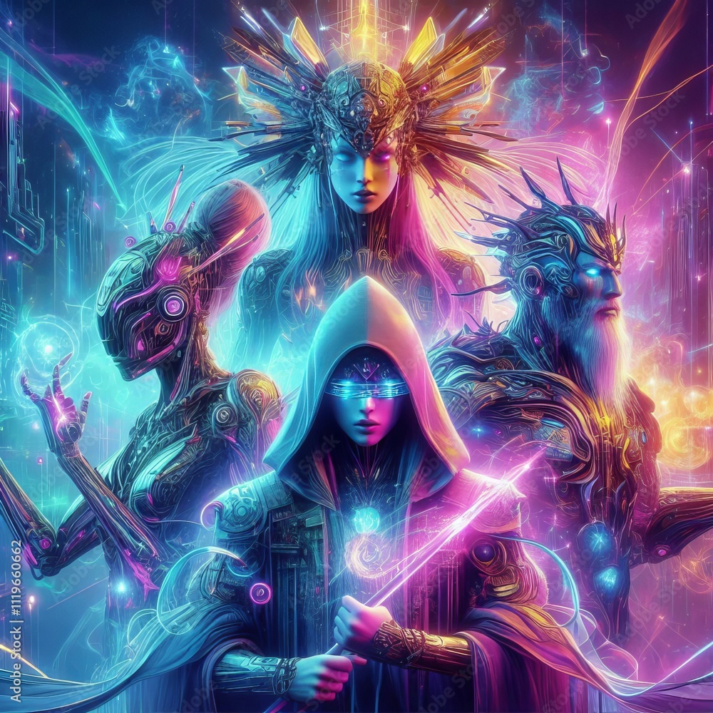 Poster cyberpunk characters in a fantasy world blending futuristic and