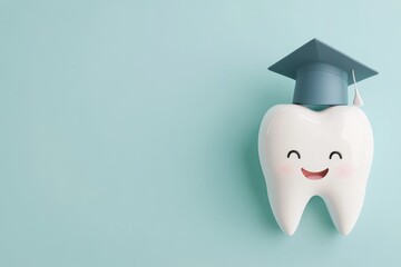 Happy tooth wearing graduation cap celebrating dental education and achievements
