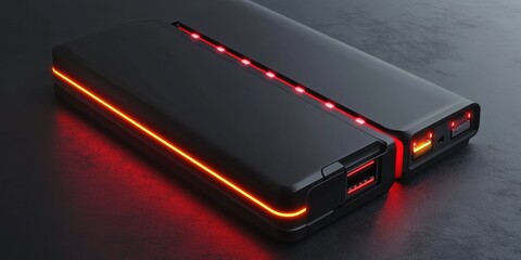 battery replacement concept. Power banks with glowing LED lights on a textured surface.