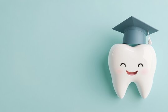 Happy tooth wearing graduation cap celebrating dental education and achievements
