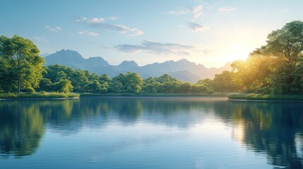 Serene lake reflecting mountains at sunset.