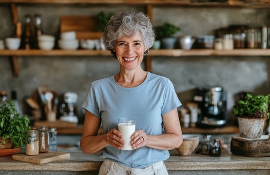 Smiling senior woman in the kitchen holding a glass of milk