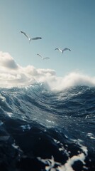 Seagulls soaring above crashing waves at a stormy seaside