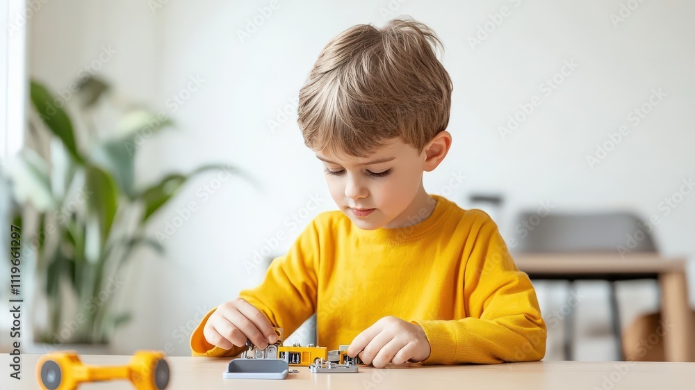 Poster battery replacement concept. a child focused on building a toy with colorful blocks on a table.
