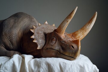 Fototapeta premium A realistic dinosaur model rests on white fabric, displaying intricate textures and lifelike details under soft lighting, evoking prehistoric wonderment.