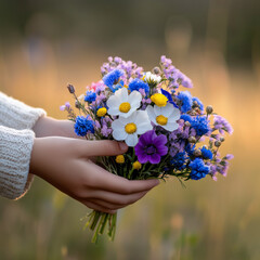 Fototapeta premium Hands offering a small bouquet of wildflowers to a stranger, close-up view with soft natural lighting, blurred warm-toned background, tender and thoughtful mood, detailed textures of flowers and hands