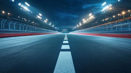 Asphalt race track with finish line illuminated at night in a vibrant stadium setting