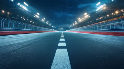  Asphalt race track with finish line illuminated at night in a vibrant stadium setting © Rauf