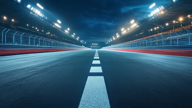 Asphalt race track with finish line illuminated at night in a vibrant stadium setting
